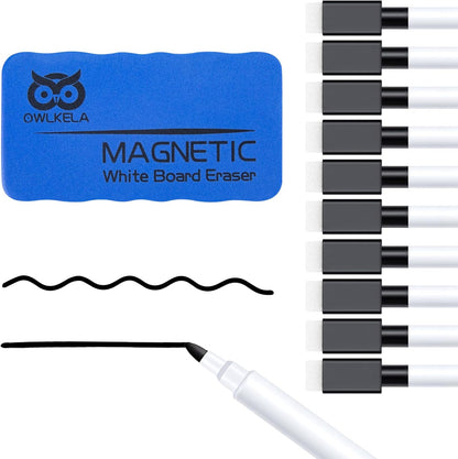 OWLKELA 10 Pcs Black Magnetic Erasable Markers for Whiteboard, Dry Erase Markers with Eraser, Low Odor Magnetic Eraser, White Board Markers for Office, Classroom, Home
