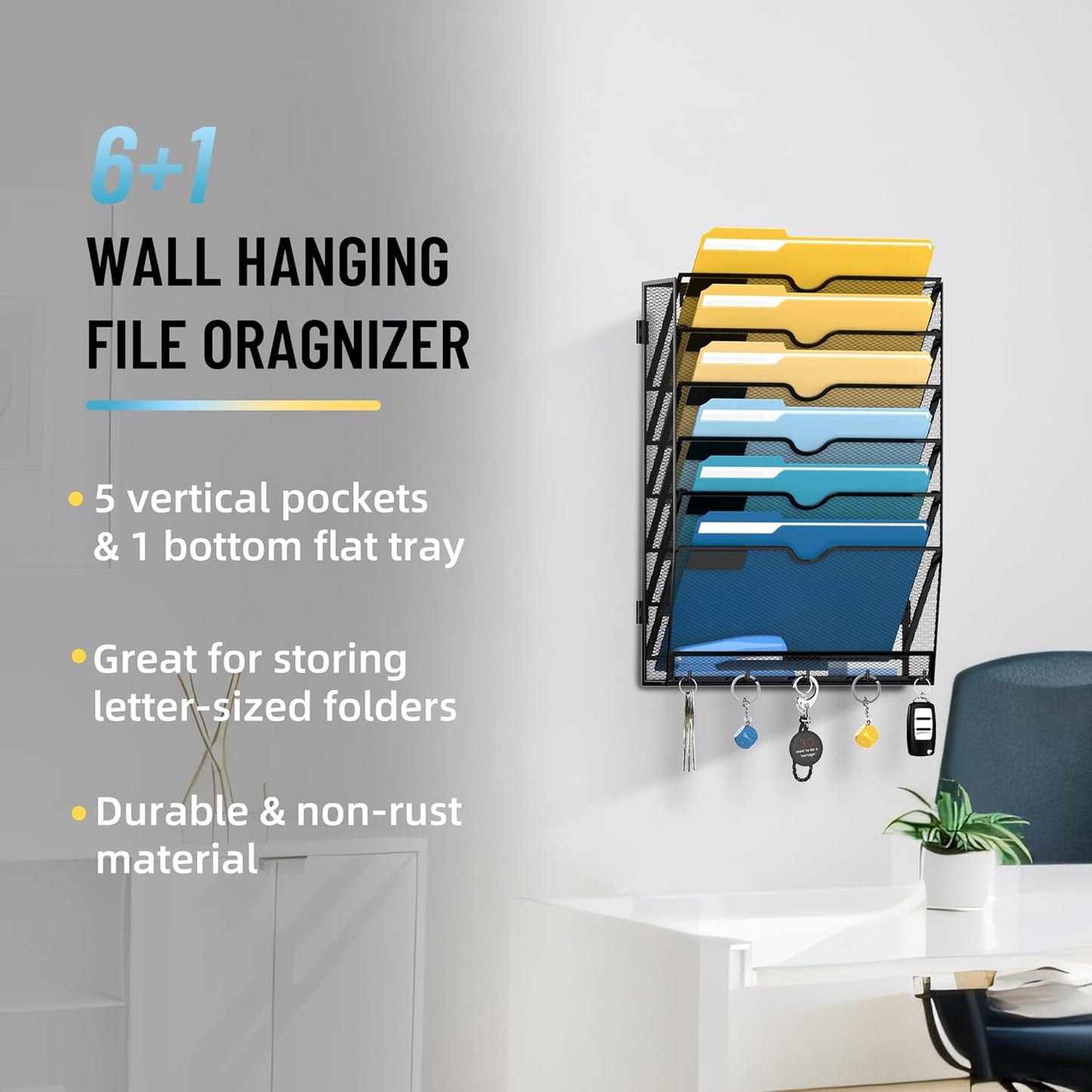 SUPEASY 7-Tier Mesh Wall File Holder, Hanging Wall File Organizer, Office Organization for Papers, Mails, Folders, Files Clipboard Magazine Rack, Black