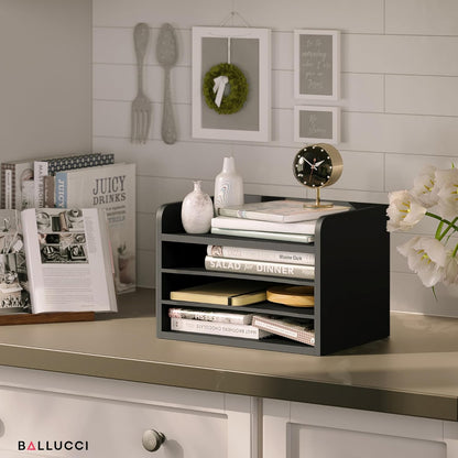 Ballucci 4-Tier Paper Organizer for Desk, Stackable Tray, Desk Storage Organizer Shelves, Stacking Letter Paper Tray Sorter for Classroom Office, Black