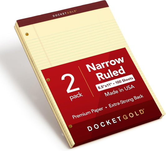TOPS Legal Pads, 2 Pack, Premium Docket Gold Note Pads, 100 Narrow Ruled 8.5 x 11 Sheets, Thick Canary Yellow Paper with Extra Hard Back, 3 Hole Punched, 2X More Sheets, Proudly Made in the USA