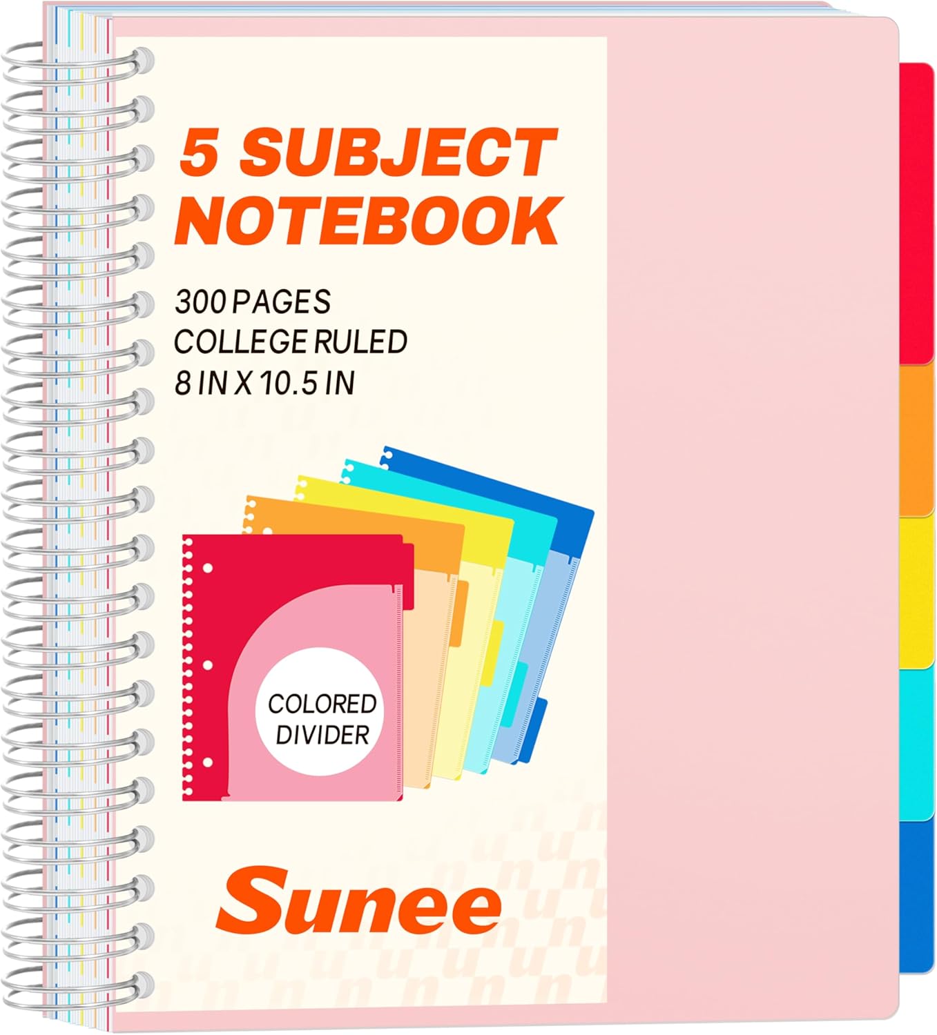 SUNEE Spiral Notebooks for Work with Removable Dividers & Tabs – College Ruled 5 Subject, 300 Pages, 3 Hole Punched, Durable PP Cover, 8"x10.5" – Notebooks for Office or School, Black