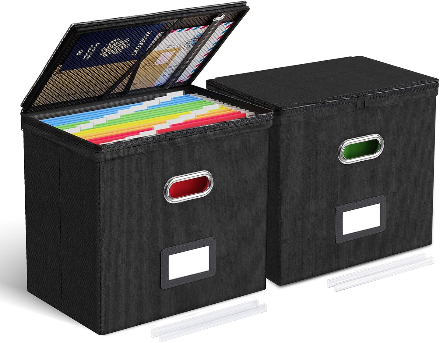 Oterri 2 Pack File Organizer Boxes with Lids, File Box with Mesh Pockets, Document Organizer Box for File Folders Letter Size, Zippers Filing Box for Home, Office, School (Green, Without Folders)