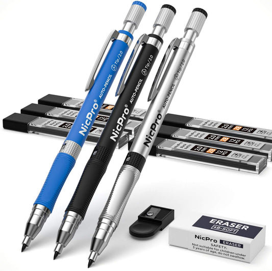 Nicpro 29 Pieces 2mm Mechanical Pencil Set, 9 PCS Drafting Carpenter Pencils 2.0 mm for Art Drawing Sketching construction with 192 Lead Refills Pre-Sharpen HB & 2B & Colors, 2 Erasers, 2 Sharpener