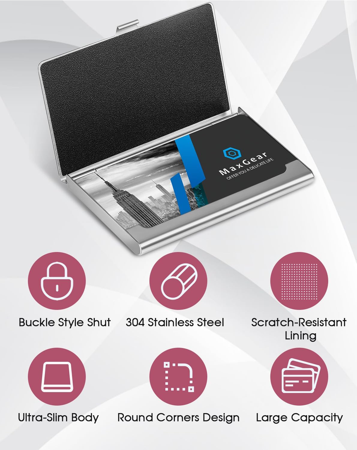 MaxGear Metal Business Card Holder for Men & Women, Professional Stainless Steel Card Case for Business Cards, Slim Purse Name Card Holders with Interior Lining, Buckle Style Shut, Black