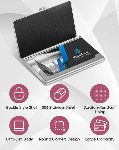 MaxGear Metal Business Card Holder for Men & Women, Professional Stainless Steel Card Case for Business Cards, Slim Purse Name Card Holders with Interior Lining, Buckle Style Shut, Black