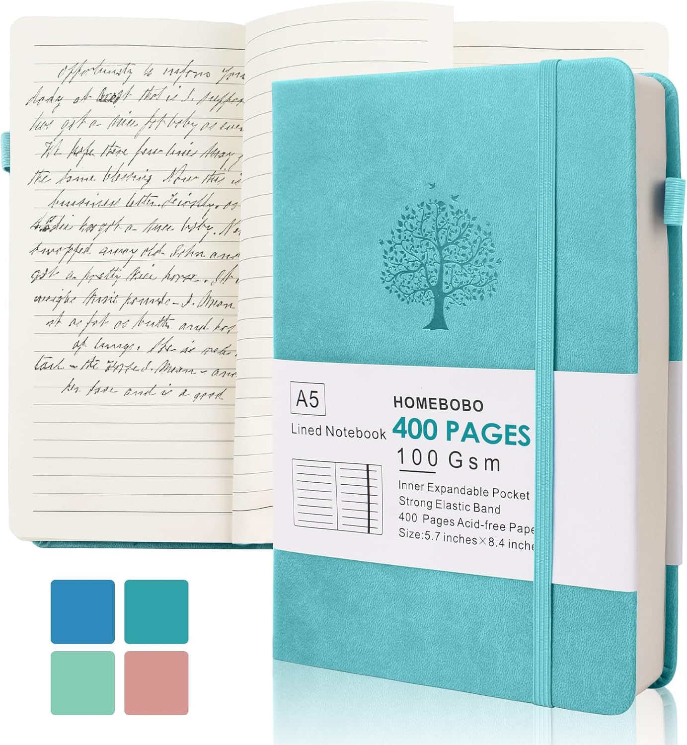 Journals for Writing, A5 Leather Ruled Notebook with 400 Pages, 100 Gms College Ruled Journal with Thick Paper, Hardcover with Inner Pocket & Pen Holder, Dark Green