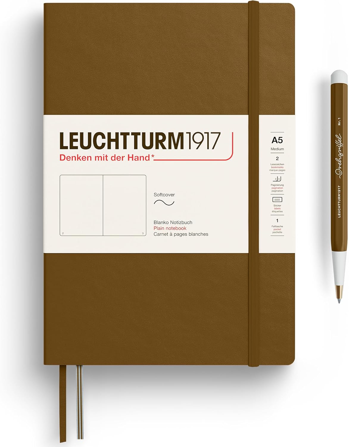 LEUCHTTURM1917 - Notebook Softcover Medium A5-123 Numbered Pages for Writing and Journaling - Thinking Ahead (Dotted Paper, Spice Brown)