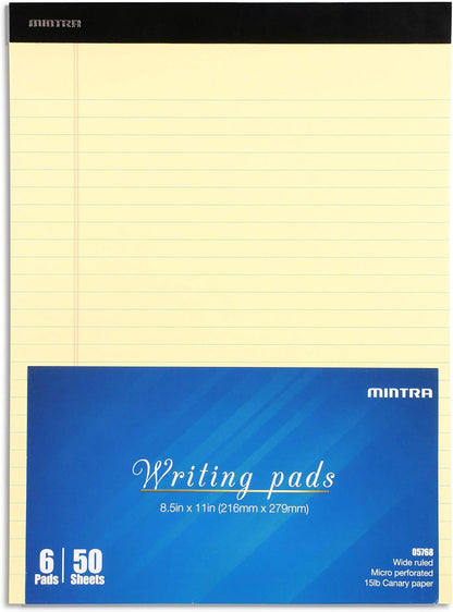 Mintra Office White Legal Pads – Ruled Notepads and Micro-Perforated Sheets, Ideal for Writing, Note-Taking & Creativity, Office, or Professional Use, Basic Pad 6 pack, 8.5"x11" (Narrow Ruled)