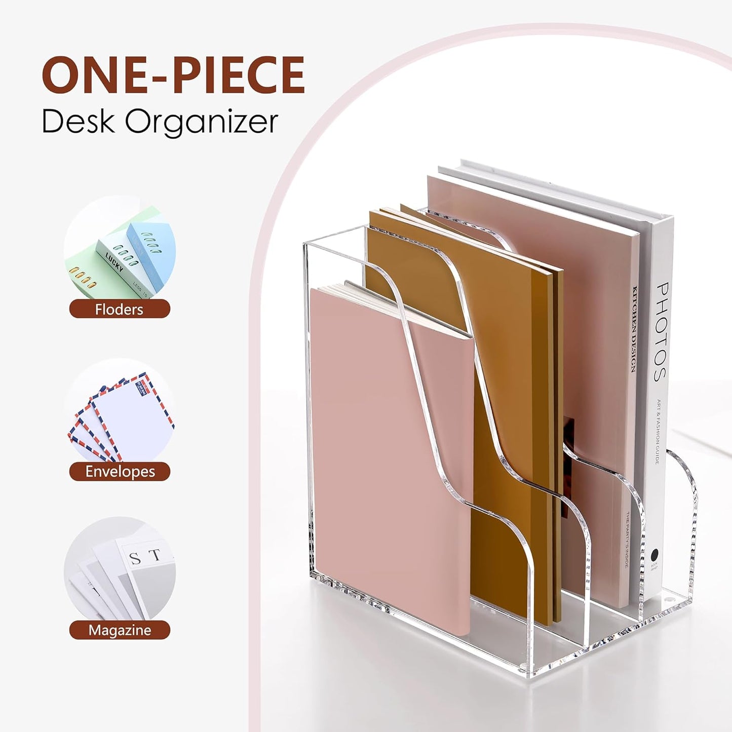 SANRUI Desk Organizer Clear Acrylic Desk Magazine File Holder with 3 Vertical Sections Magazine Rack File Organizer for Office, Home, School