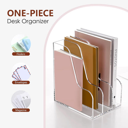 SANRUI Desk Organizer Clear Acrylic Desk Magazine File Holder with 3 Vertical Sections Magazine Rack File Organizer for Office, Home, School