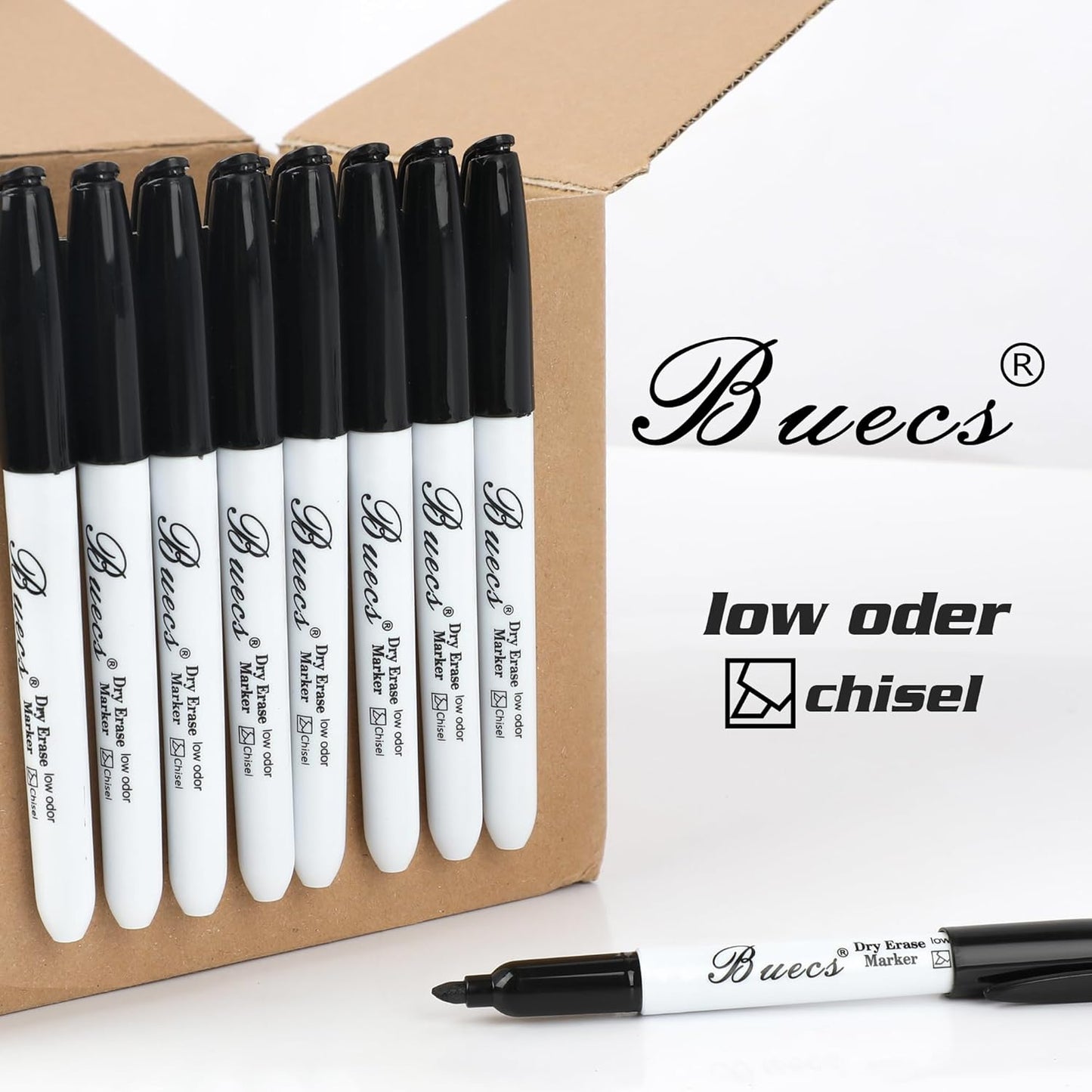 Buecs Black Dry Erase Markers, Low-Odor, 150 Count, Chisel tip, Perfect for Writing on Whiteboards, Dry-Erase Boards, Glass, School Office Supplies