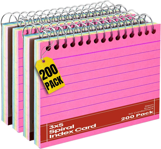 1InTheOffice Spiral Index Cards 3x5, Ruled Neon, Lined, Assorted Colors, 50 Cards/Pack (4 Pack)