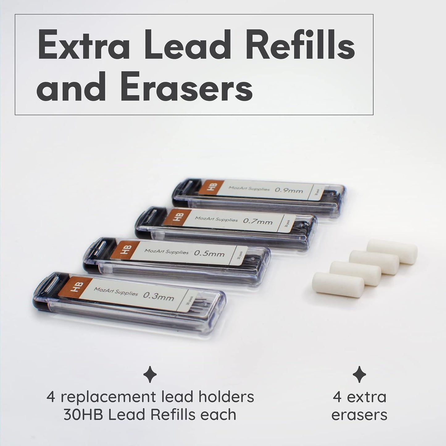 Mozart Essential Set of Lead Refills - 4 Sizes: 0.3, 0.5, 0.7 & 0.9 mm with 100 HB Lead Refills for Each - for Sketch, Architecture, Drafting, Art, Drawing Supplies, Metal Mechanical Pencils