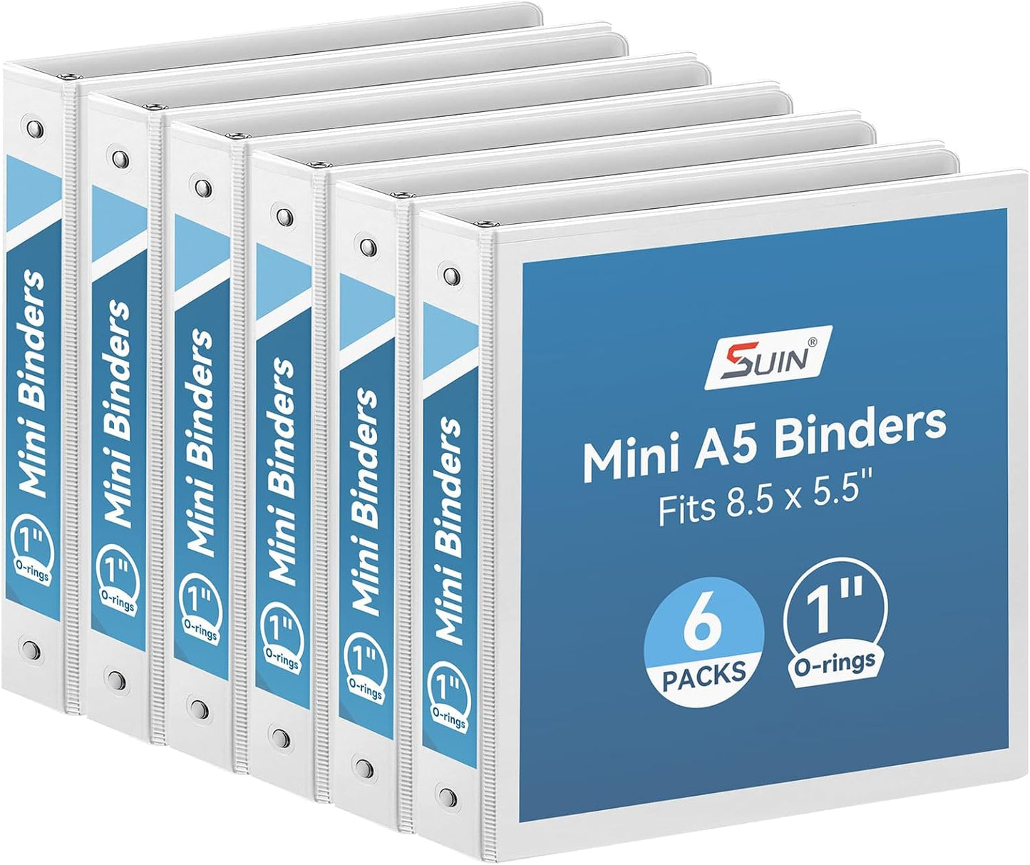SUIN Mini 3 Ring Binder A5 Size 5.5"x8.5", 1" Round Ring 200 Sheet Capacity, Bulk 6 Pack White Binders for School Office