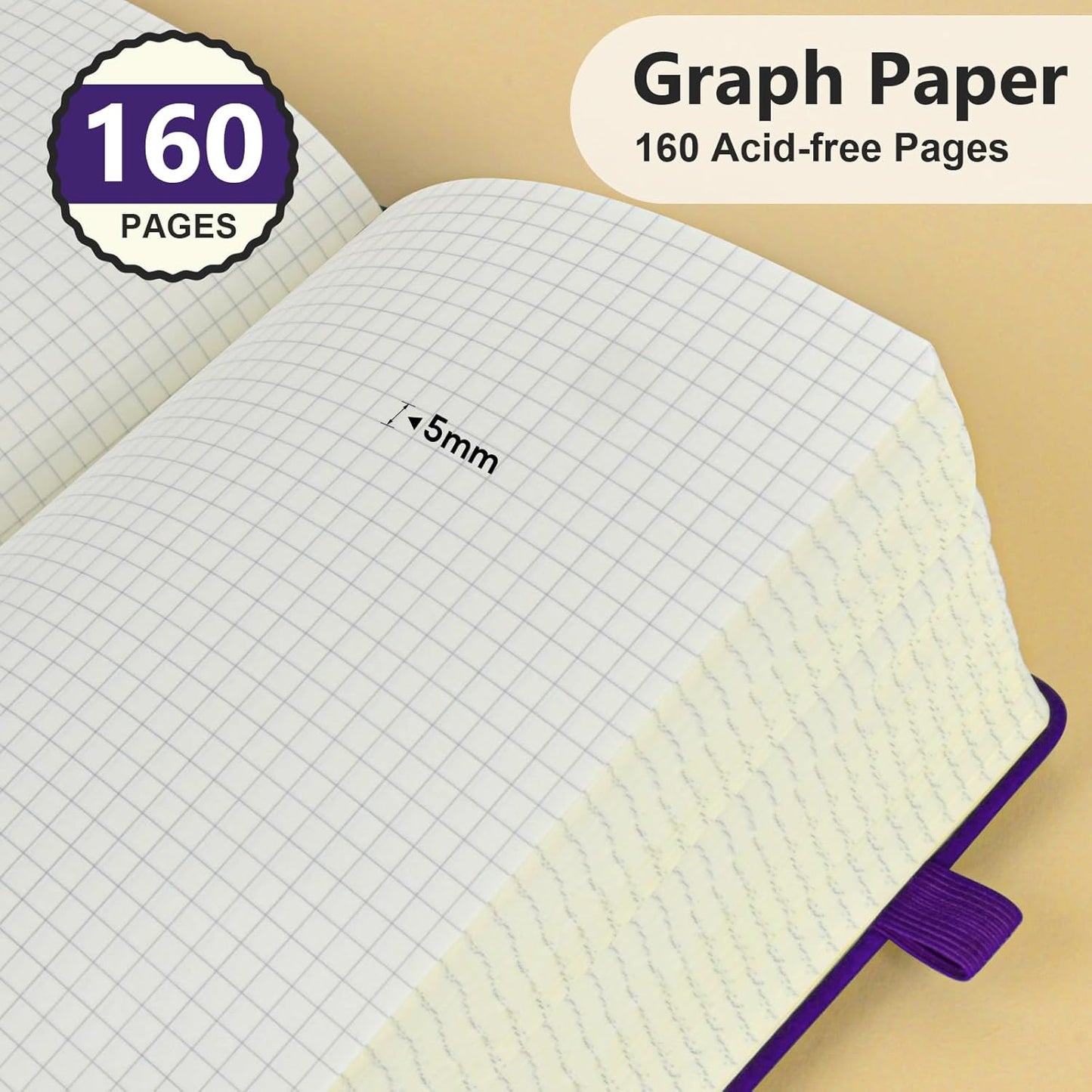PERCUN Graph Paper Notebook, 160 Pages Grid Journal for women & men, A5 Hardcover Leather Graphing Notebook for School, Work, Travel, Note Taking 5.9”x8.5” (Black)