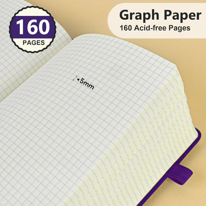 PERCUN Graph Paper Notebook, 160 Pages Grid Journal for women & men, A5 Hardcover Leather Graphing Notebook for School, Work, Travel, Note Taking 5.9”x8.5” (Black)