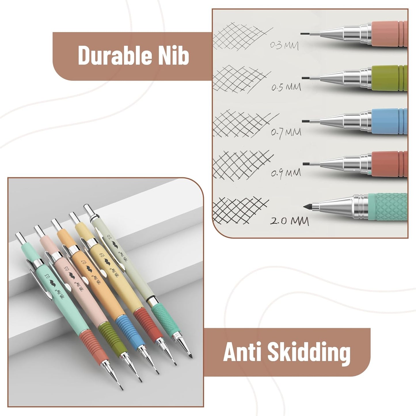 Mr. Pen- Art Mechanical Pencil Set, 5 Vintage Mechanical Pencils (0.3, 0.5, 0.7, 0.9, 2.0mm), 5 HB Lead Refills & 10 Eraser Refills, Precision Drawing Pencils for Sketching, Writing & Artwork
