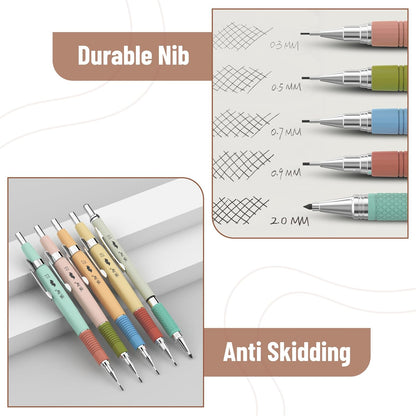 Mr. Pen- Art Mechanical Pencil Set, 5 Vintage Mechanical Pencils (0.3, 0.5, 0.7, 0.9, 2.0mm), 5 HB Lead Refills & 10 Eraser Refills, Precision Drawing Pencils for Sketching, Writing & Artwork