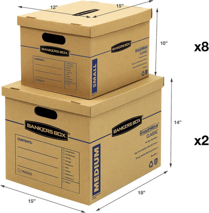 Bankers Box Classic Moving Box 12 Pack Kit, Reinforced Handles, Tape-Free Assembly, Box with Lid, 8 Small and 4 Medium Boxes (7716401)