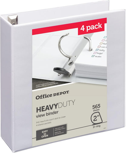 Office Depot® Heavy-Duty View 3-Ring Binder, 2" D-Rings, White, 49% Recycled, Pack of 4