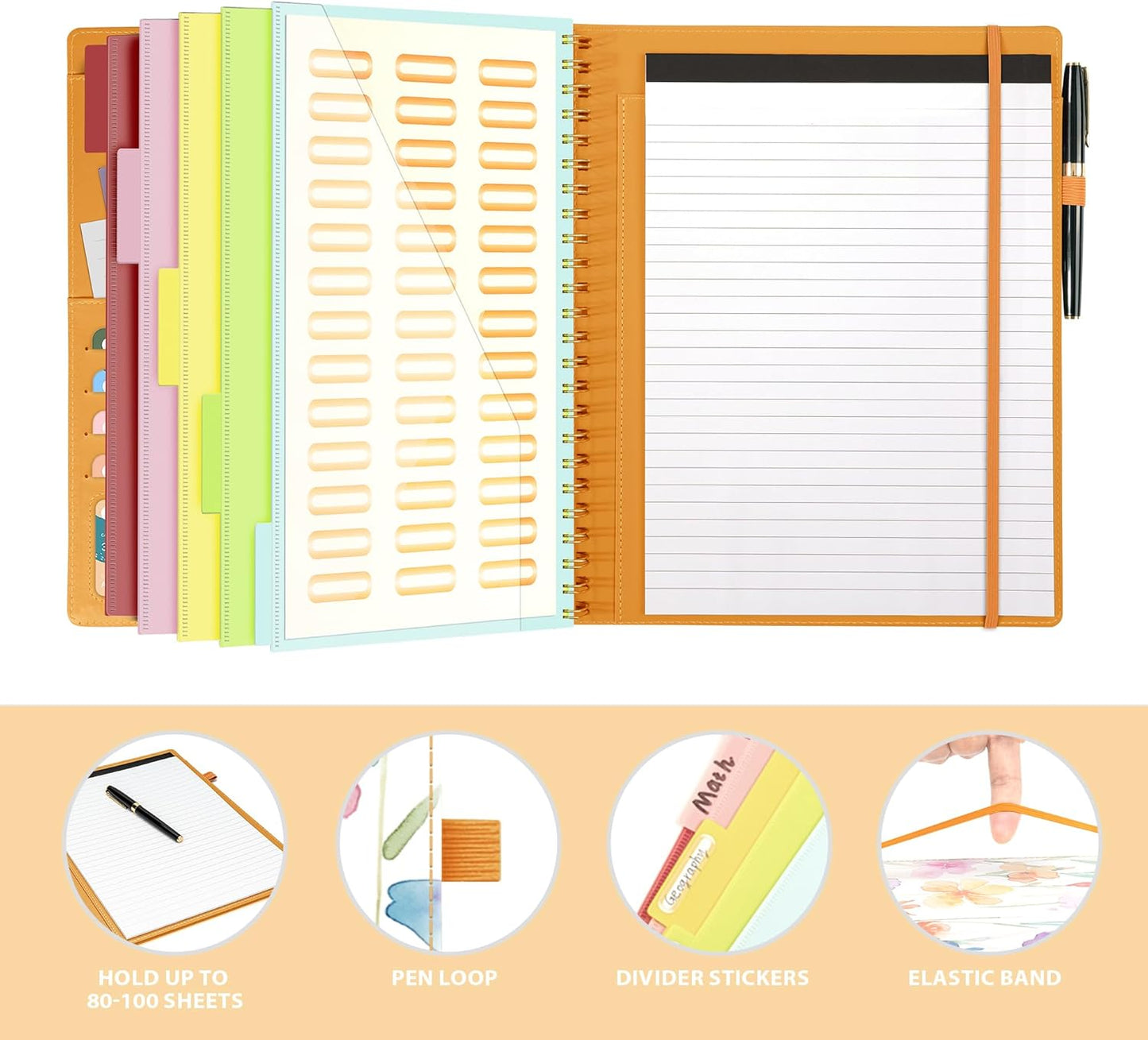 Ospelelf Clipboard with Storage for Women, Leather Padfolio Portfolio Organizer 5 Folders with 10 Pockets, Spiral Clipboard Folio with Notepad for Letter Size, Elastic Closure and Pen Loop Floral