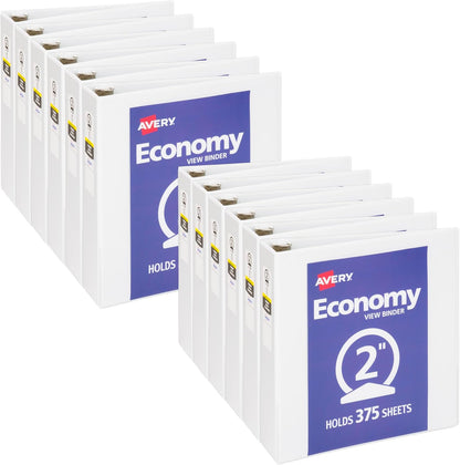 Avery Standard View 3 Ring Binders, 1.5" Round Rings, 275-Sheet Capacity, 2.1 Inch Wide Spine, White Binders, Ideal for Lightweight Organization and Occasional Referencing (12-Pack of 05726)