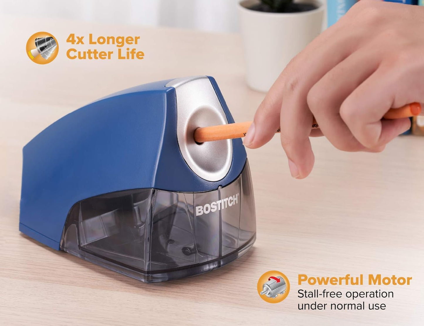 Bostitch Office Electric Pencil Sharpener for Classroom & Desk Use, Heavy-Duty Stall-Free Motor, High-Capacity Shavings Tray, Blue