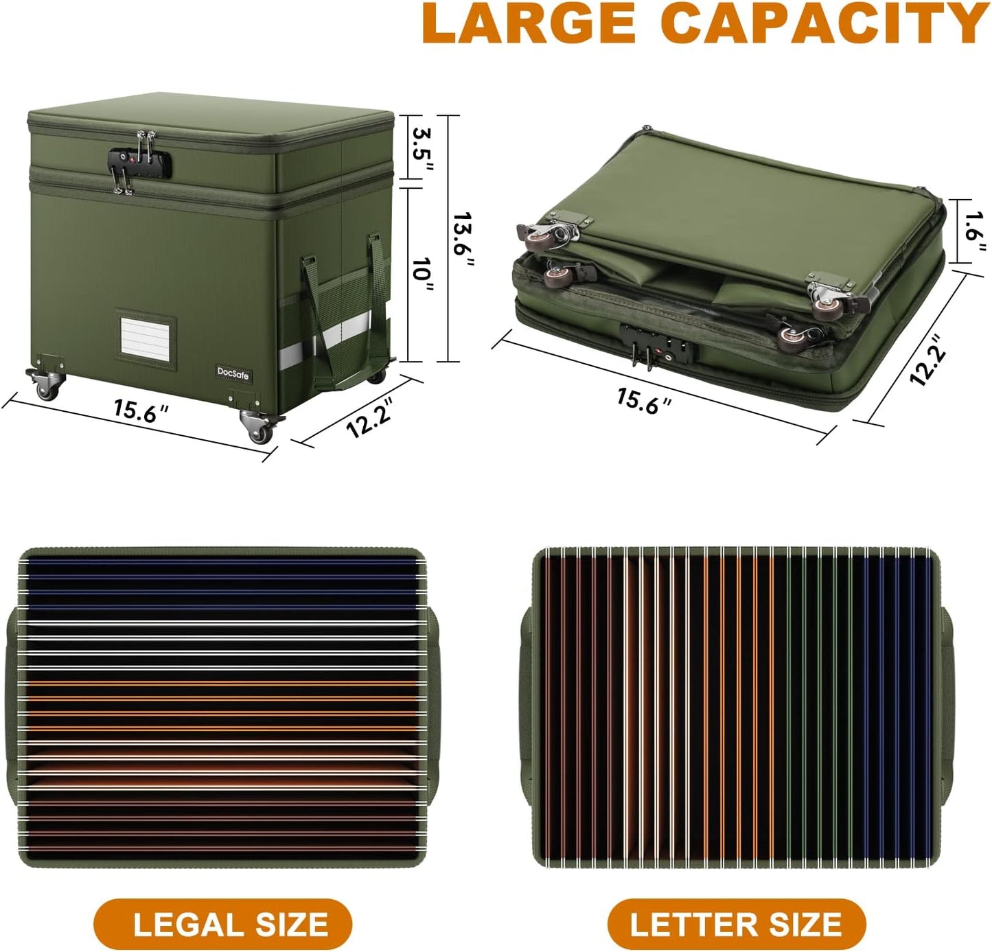 DocSafe Fireproof Document Box with Lock,2-Layer File Box with Wheels,Collapsible File Storage Organizer with Pockets,Large Portable Home Filing Cabinet for Hanging Folders,Black,16''x13.8''x12.2''