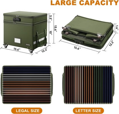 DocSafe Fireproof Document Box with Lock,2-Layer File Box with Wheels,Collapsible File Storage Organizer with Pockets,Large Portable Home Filing Cabinet for Hanging Folders,Black,16''x13.8''x12.2''