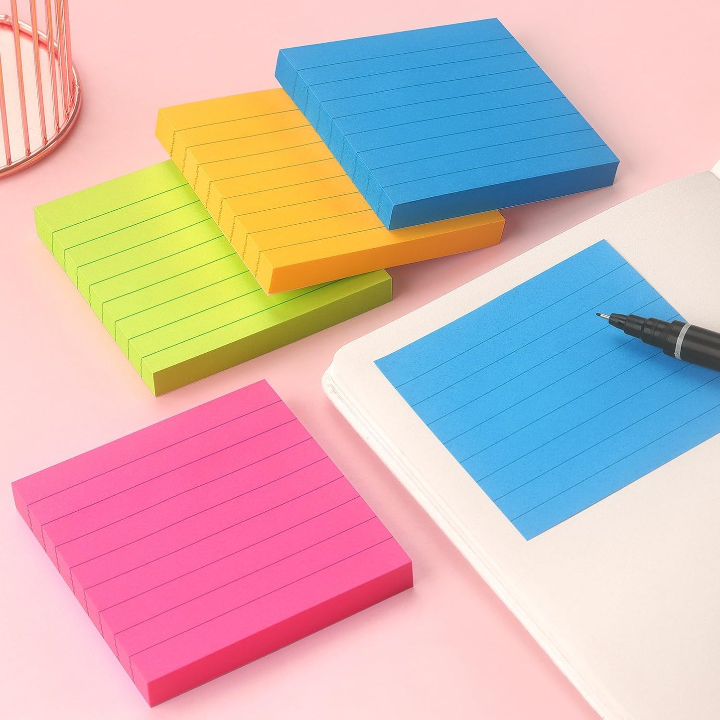 Lined Sticky Notes 3x3 Sticky Notes with Lines Self-Stick Notes Bright Color 4 Pads 90 Sheets/Pad (Pastel)