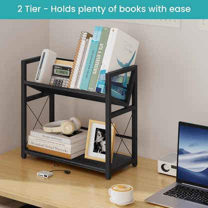 ELITEROO Desktop Bookshelf, 2 Tier Desk Shelf Organizer, Wooden Tabletop Bookcase, Small Desk Top Book Rack for Office, Home, Bedroom, Small Space Storage and Display, Rustic Brown