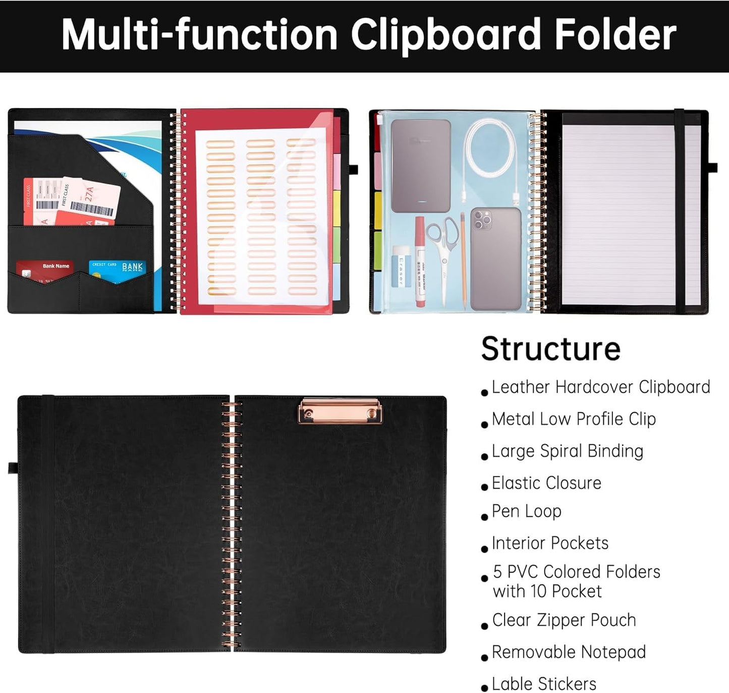 HAUTOCO Spiral Leather Clipboard Folio with Notepad (8.5 x 11''), 5 Folders with 10 Pockets, Storage Zipper Pouch, Pen Loop, 39 Stickers, Padfolio Organizer for Work School, Pink