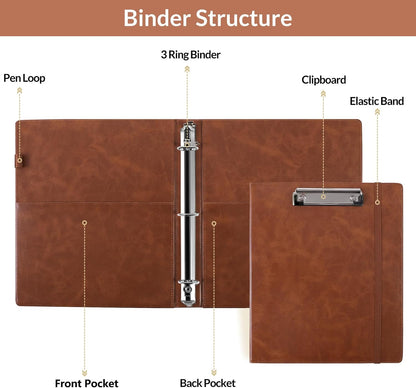 SKYDUE 3 Ring Binder with Clipboard,1 Inch Binder, 13.2" × 10.2" PU Clipboard Binder with Notepad & 5 Dividers with 5 Pockets, Labels, Clipboard Folder Great for School Office(Fit Letter Sized Paper)