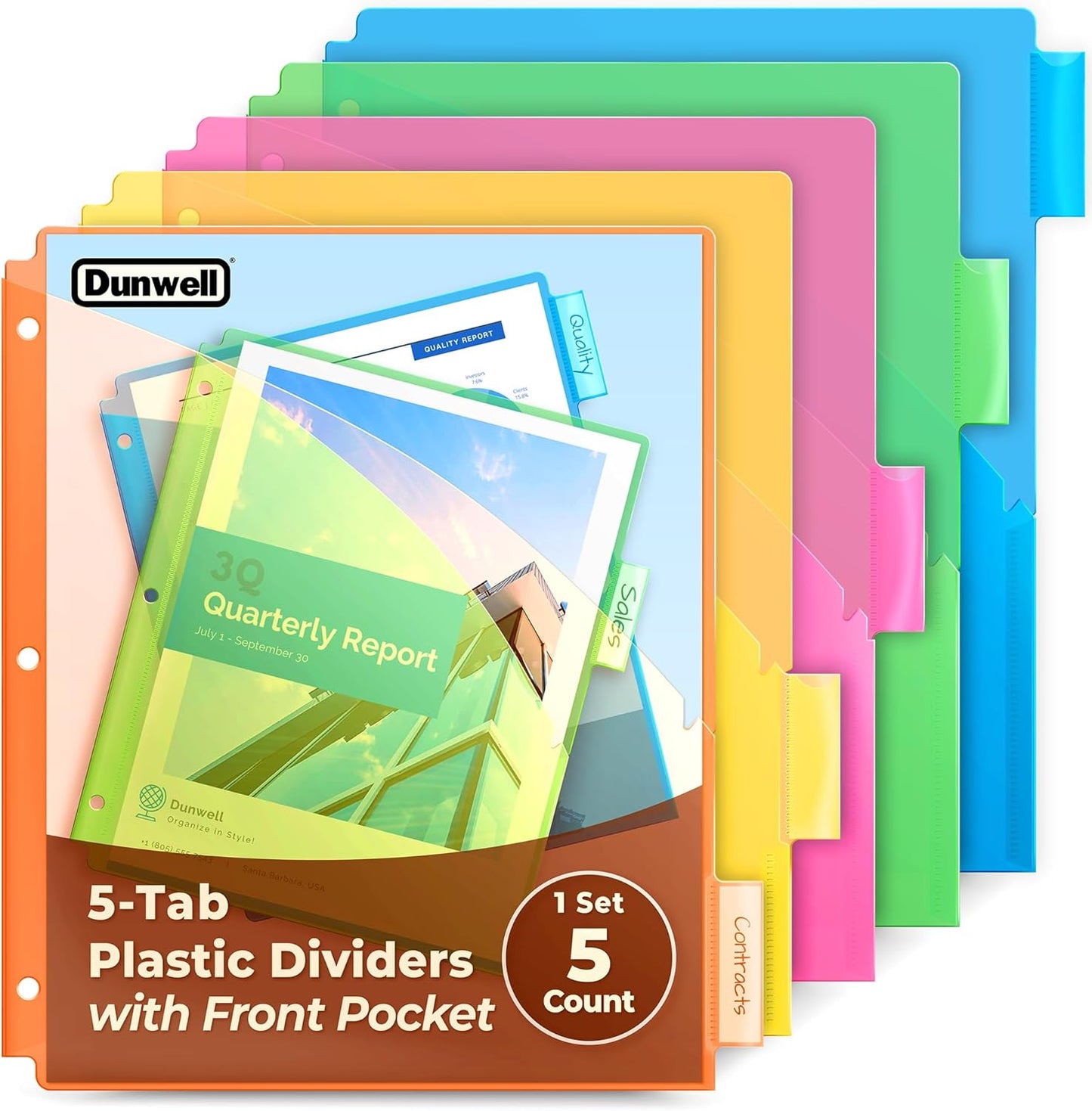 Dunwell 5-Tab Dividers with Pocket for 3-Ring Binders (3 Sets, 15 Count), Plastic One Pocket Dividers with Tabs, Slash File Jackets 3 Hole Punched for 8.5x11 Paper, Poly Pocket Notebook Dividers