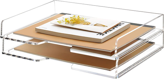 2 Pack- Stackable Paper Letter Tray, A4 File Tray Desk Organizer, Acrylic Desk Organizers and Accessories Sorter, Clear Workspace Office Supplies Organizers, 12.4inx8.86inx3.46in