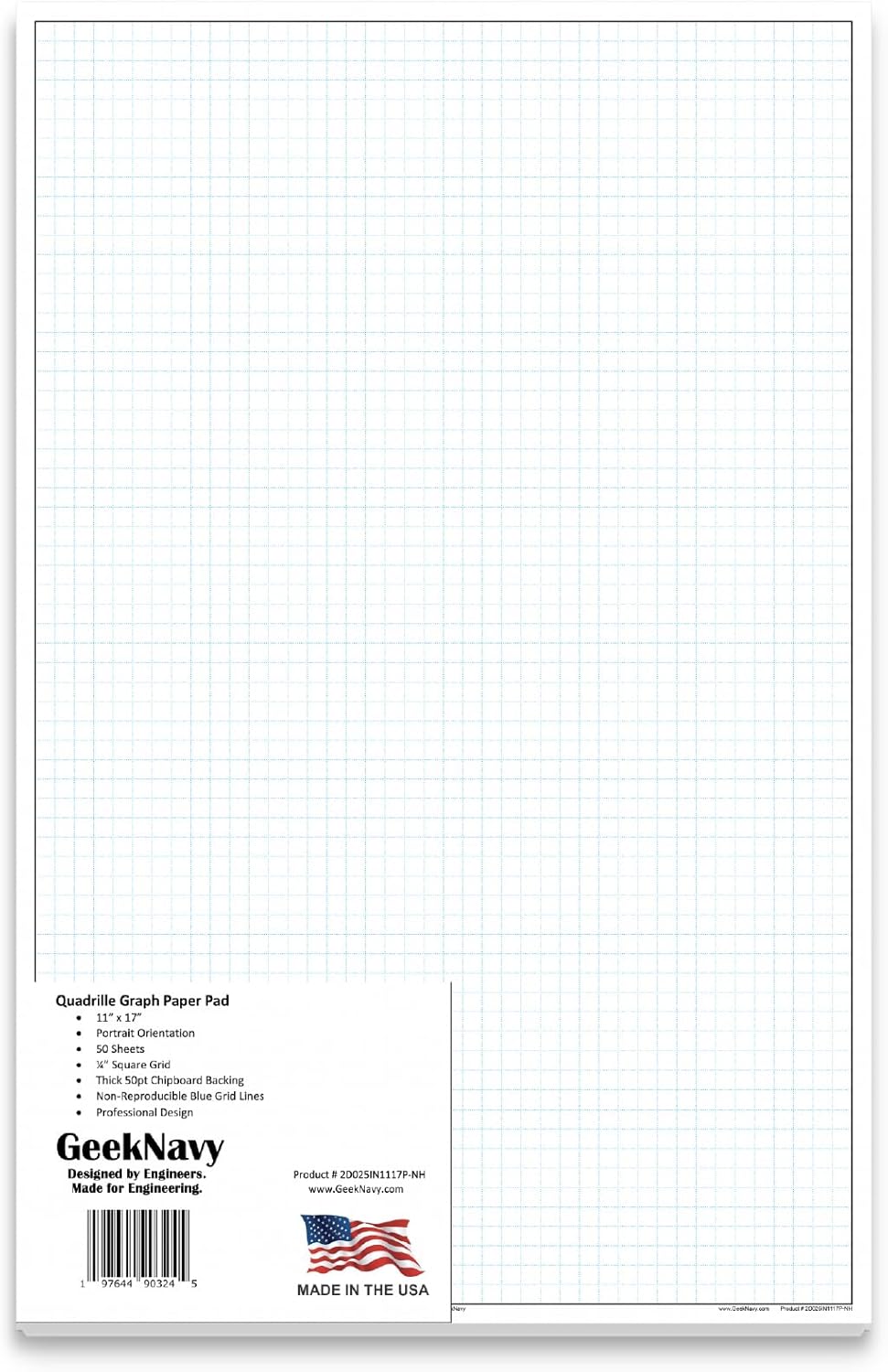 GeekNavy 11" x 17" Quadrille Graph Paper 50 Sheets Landscape - 0.25" 4x4 Square Grid, Blueprint, High Brightness, Border-Outlined, Large Drafting (1-Pack)