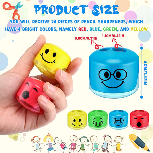 Crtiin 24 Pcs Pencil Sharpeners for Kids Classroom Cartoon Smile Small Pencil Sharpener Handheld Manual Dual Holes Gifts for School Office Art Room