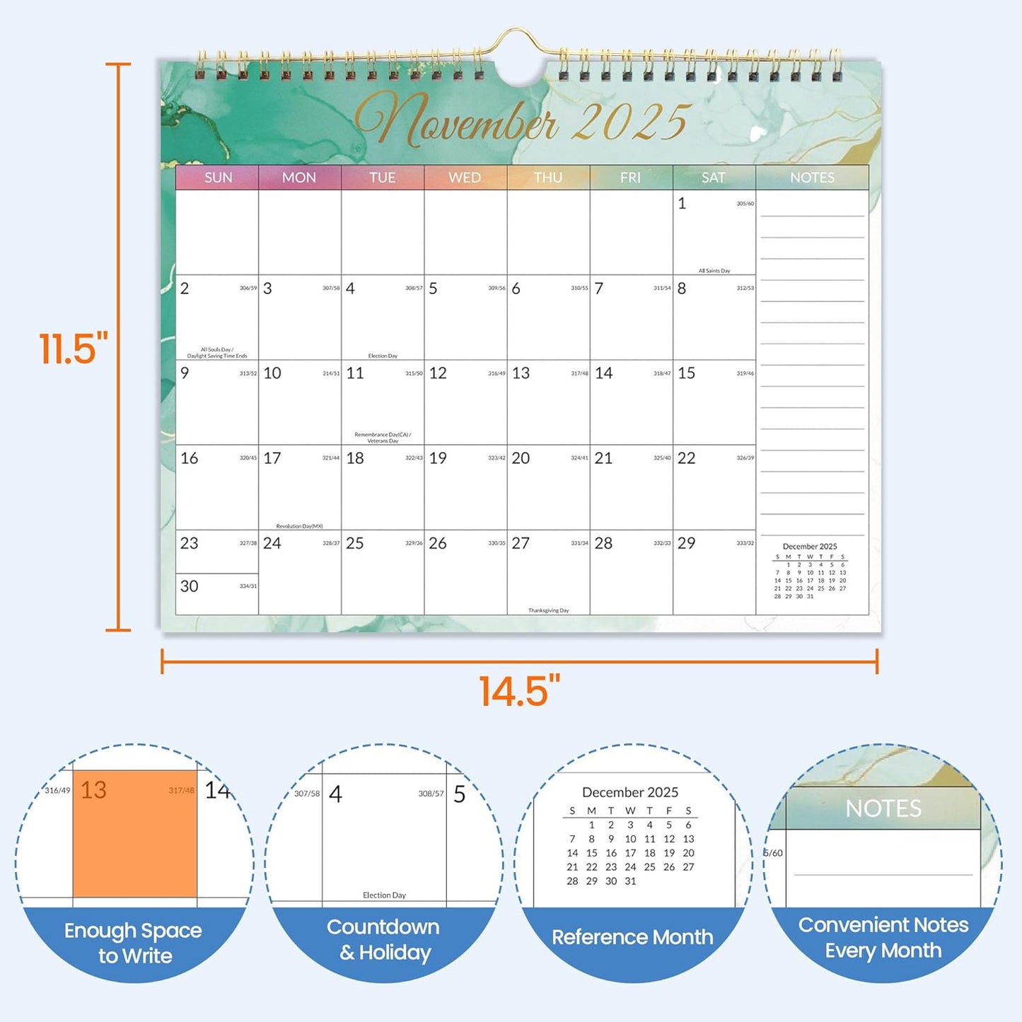 SUNEE Wall Calendar 2026 21 Months Apr. 2026 - Dec. 2027, 14.5"x11.5" Big Grid Hanging Calendar with Note for Organizing & Planning, Monthly Calendar 2026-2027 with Last Month and Next Month, White