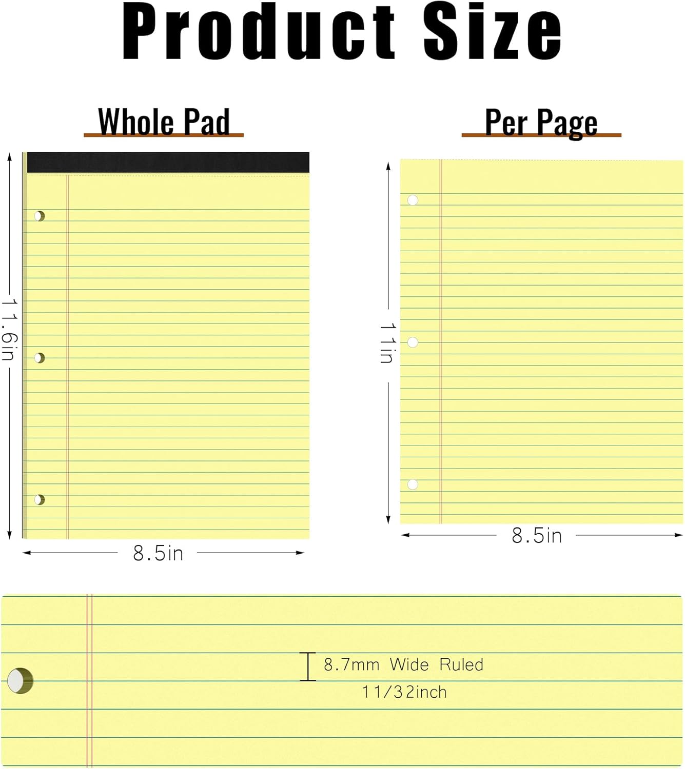 HAUTOCO 6 Pack 8.5 x 11 Legal Pads White Wide Ruled Notepads Perforated Writing Pads, 30 Sheets Per Notepad, 3-Hole Punched Paper, Writing Note Pads for School, Home, Office, Business