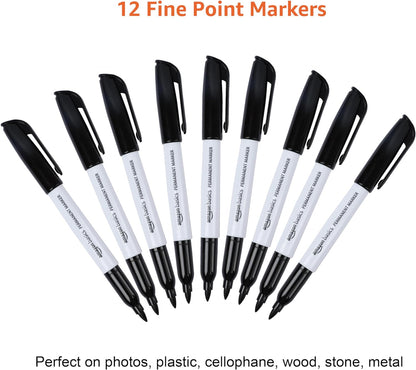 Amazon Basics Fine Tip Permanent Markers for Writing, Drawing, Quick Drying, Office, School, and Home Use, Black, 24 Pack