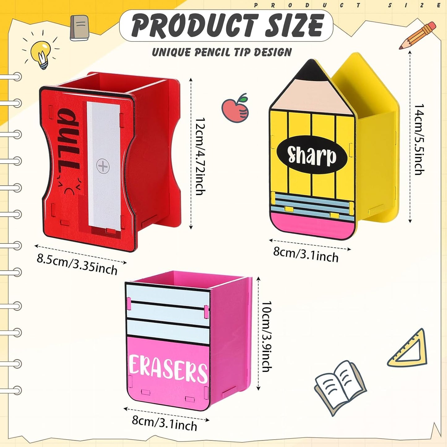 AmazingSpark 3 Pcs Pencil Shaped Holder Sharp and Eraser and Dull Holder Wooden Dispenser Pencil Storage Organizer for Back to School Management Organization (Classic)