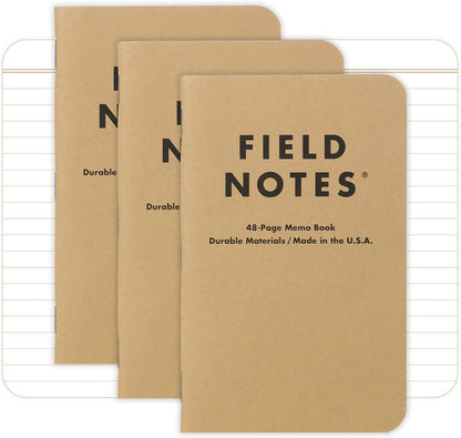 Field Notes: Original Kraft 3-Pack - Mixed Paper (1 Graph/Grid, 1 Ruled/Lined, 1 Plain/Blank) Memo Books - 48 Page Pocket Notebooks - 3.5" x 5.5"