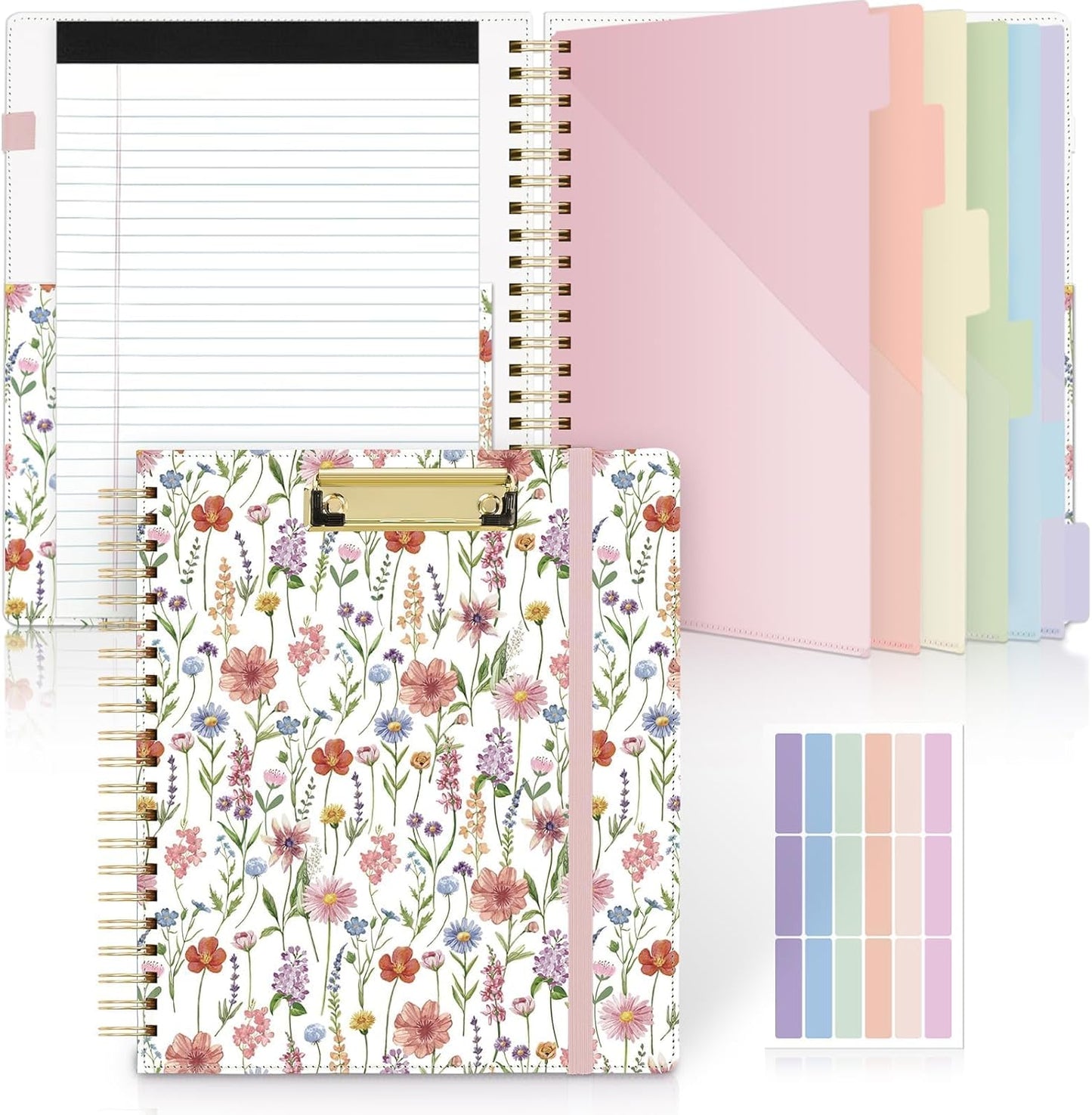 SKYDUE Clipboard Folder with Storage, 6 Dividers with 12 Pockets for Letter Size, Storage Clipboard Folio with Refillable Notepad, Spiral Clipboards Padfolio for Teacher Worker Nurse