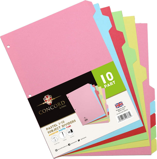 Pukka Pad 10 Part Dividers – 1 Pack of 10 Tabbed Set for 3-Ring Binder, Page Separators for Home, Office, School Organization – 8.5 x 11 Inches – Pastel Colors