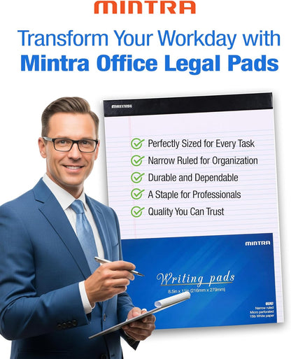 Mintra Office White Legal Pads – Ruled Notepads and Micro-Perforated Sheets, Ideal for Writing, Note-Taking & Creativity, Office, or Professional Use, Basic Pad 6 pack, 8.5"x11" (Narrow Ruled)