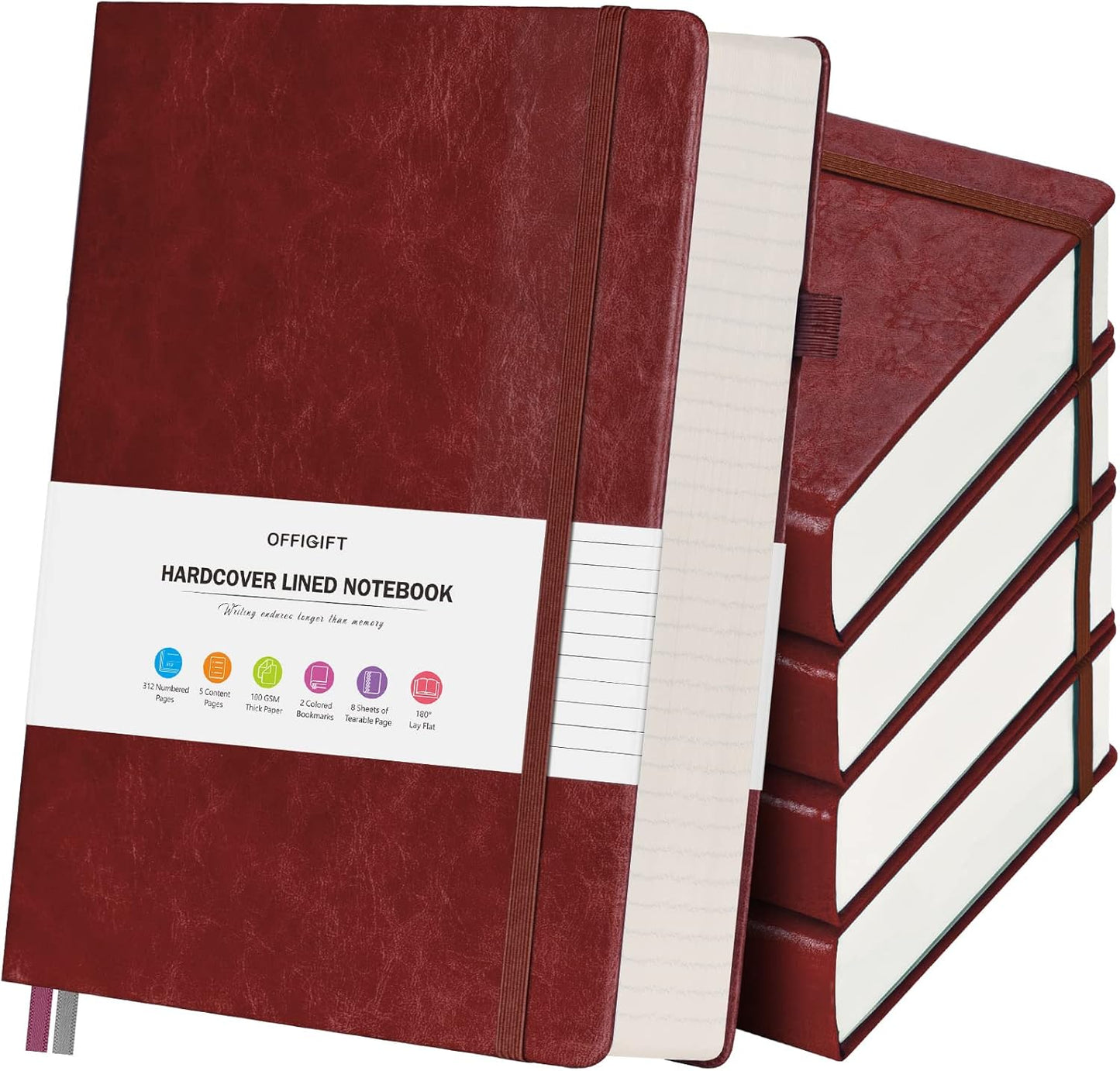 5 Pack College Ruled Notebook, 312 Numbered Pages Thick Notebooks Bulk, 100gsm No Bleed Paper Hardcover Leather Journal, Lined Journal Notebook Set for Women Men School Office, A5, Multicolor