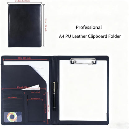 FXNT Professional A4 Clipboard Folder - PU Leather Padfolio Organizer with Clipboard, Business Portfolio for Resume, Documents, Meetings (Black)
