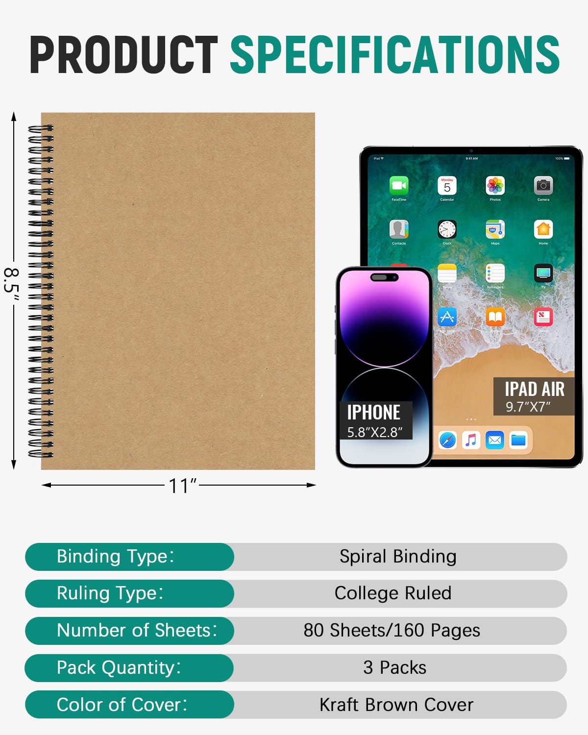 Dynta 3Packs Large Spiral Notebooks 8.5 "x 11" Lined College Ruled Journals for Work, School, Good for Students and Office, 160 Pages/80 Sheets with 100 GSM Lined Paper(3 Colors)