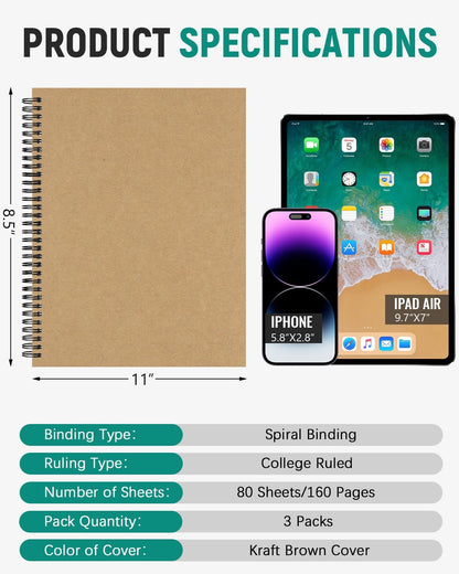 Dynta 3Packs Large Spiral Notebooks 8.5 "x 11" Lined College Ruled Journals for Work, School, Good for Students and Office, 160 Pages/80 Sheets with 100 GSM Lined Paper(3 Colors)