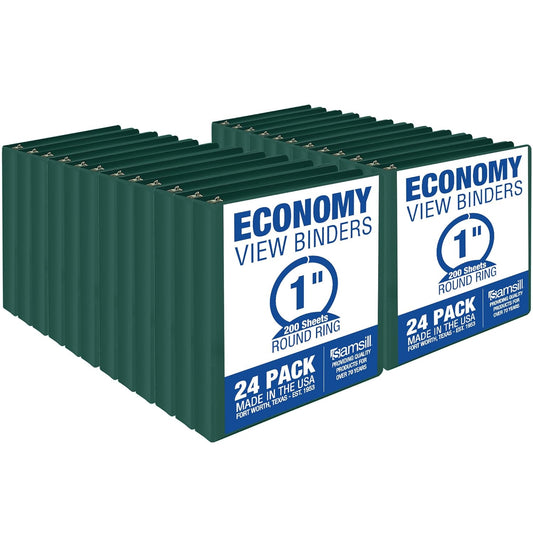 Samsill 1 Inch 3 Ring Binders, Economy Round Ring, Clear View Cover, 200 Sheet Capacity - for School, Home, Office - Green, 24 Pack